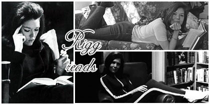 3 pictures of actress Diana Rigg either reading a book or sitting in a library